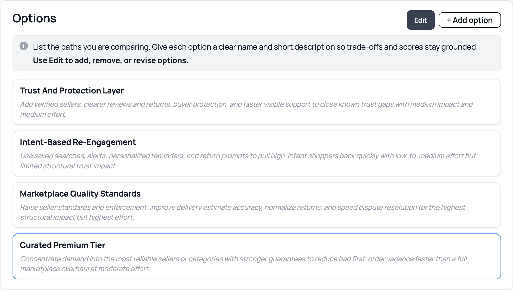 Options tool screen