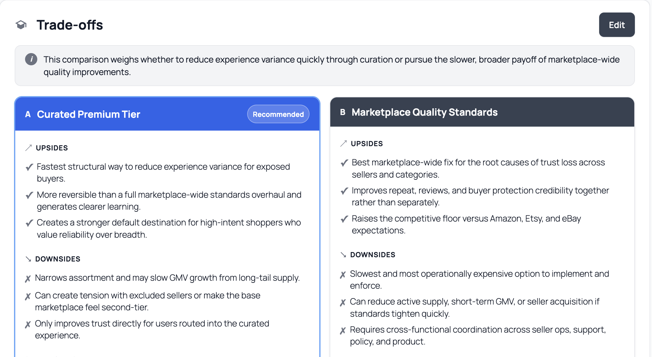 Tradeoffs tool screen