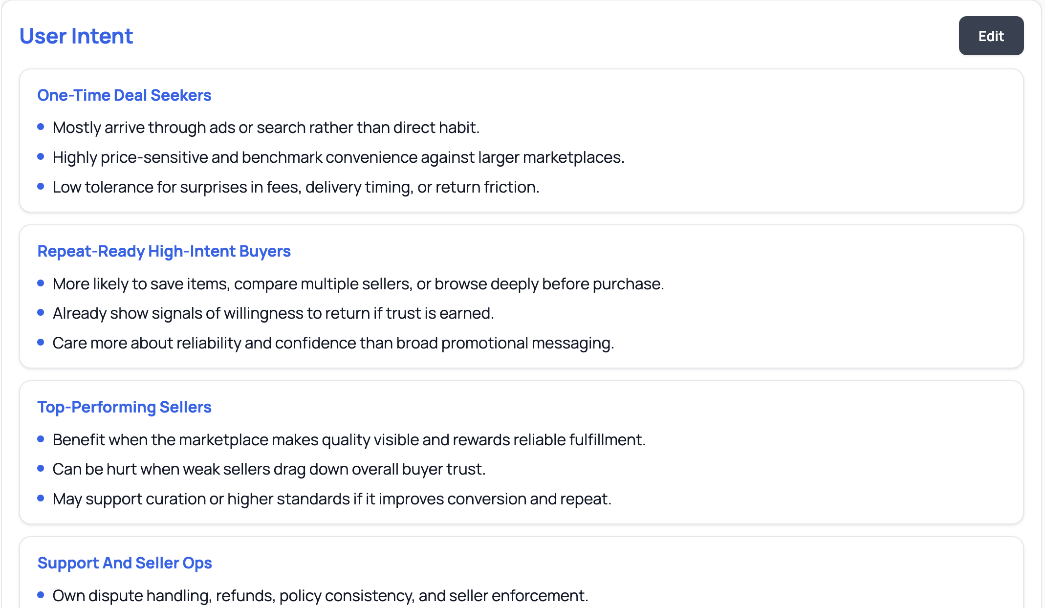 User Intent tool screen